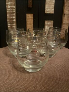 Vintage Libbey Aviation History Roly Poly Glasses 22k Gold Set of 6 Mid Century